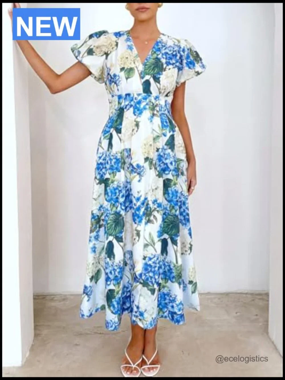Bohemian Floral Maxi Dress V-Neck A-Line Elastic Waist Summer Wedding Guest - Picture 4 of 6